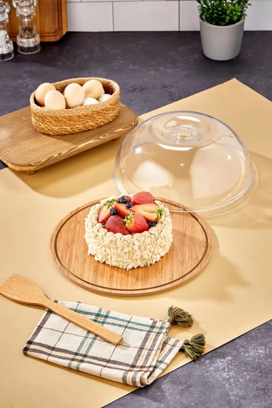 Yuvarlak Ahşap Kek Pasta Fanusu Akrilik Kapaklı Sert Servis Sunum Tepsisi 30cm - 2