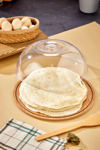 Yuvarlak Ahşap Kek Pasta Fanusu Akrilik Kapaklı Sert Servis Sunum Tepsisi 30cm - 3
