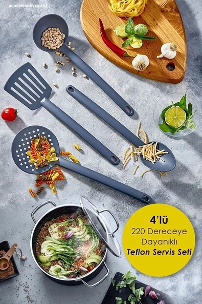Pratik 4'lü Yanmaz Yapışmaz Teflon Servis Seti 220 Derece Dayanıklı Kepçe Kevgir Spatula Kaşık - Resim 2