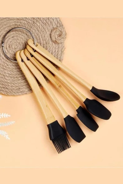 5 Parça Bambu Saplı Mini Silikon Spatula,Kaşık,Fırça Seti- Yüksek Kalite Silikon Set-BPA Free ürün görseli 1