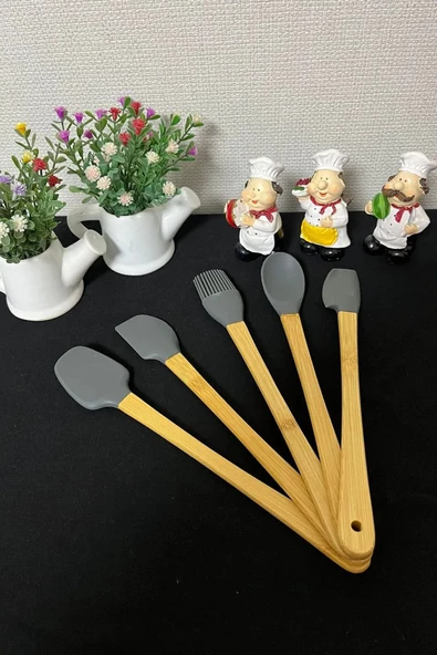 5 Parça Bambu Saplı Mini Silikon Spatula,Kaşık,Fırça Seti- Yüksek Kalite Silikon Set-BPA Free ürün görseli 1