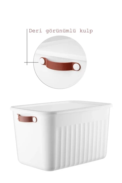 3 Adet Çok Amaçlı Deri Kulplu Kapaklı Saklama Kutusu Çok Amaçlı Düzenleyici Dekoratif Kutu 15LT - 4