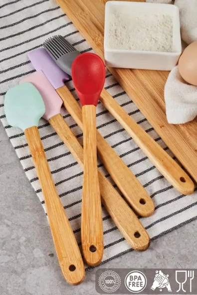 5 Parça Bambu Saplı Mini Silikon Spatula,Kaşık,Fırça Seti- Yüksek Kalite Silikon Set-BPA Free
