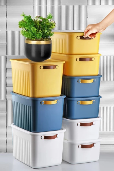 3 Adet Çok Amaçlı Deri Kulplu Kapaklı Saklama Kutusu Çok Amaçlı Düzenleyici Dekoratif Kutu 15LT - 3