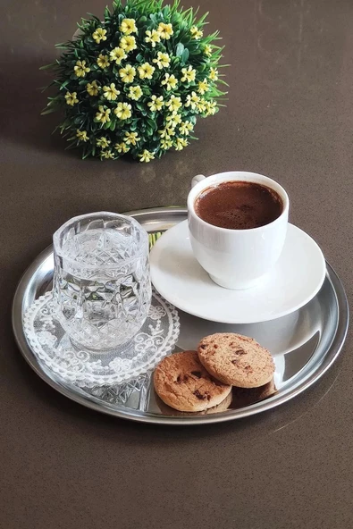 4 Adet Paslanmaz Çelik Yuvarlak Servis Sunum Tepsisi I Çay Kahve Servis Sunum Tepsisi 21,5CM - 2