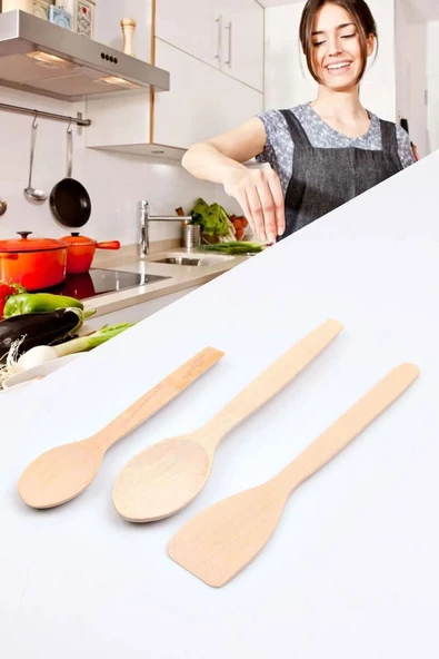 Ahşap 3 Parça Kaşık Seti Sofra Servis Sunum Kaşık Spatula