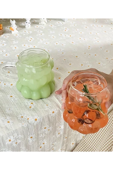 2 Adet Üzüm Kabartmalı Kulplu Borasilikat Isıya Dayanıklı Cam Kupa Kahve Kokteyl Sunum Bardağı 300ML - 2