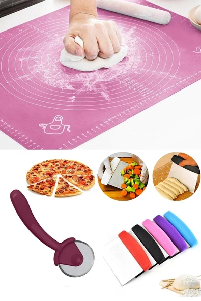 Silikon Hamur Açma Matı(40x50) + Hamur Spatulası + Pizza Hamur Kesme Aleti Seti ürün görseli 1