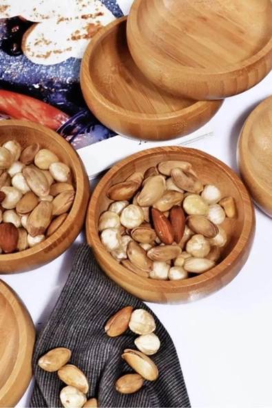 6 Adet Yuvarlak Bambu Kase Çerezlik Servis Sunum Seti Doğal Bambu Çerezlik