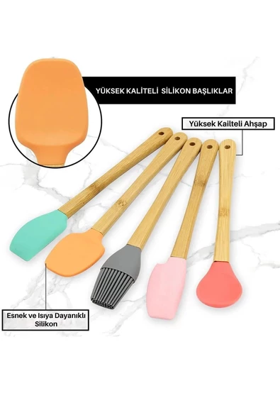 5 Parça Bambu Saplı Mini Silikon Spatula,Kaşık,Fırça Seti- Yüksek Kalite Silikon Set-BPA Free - 3