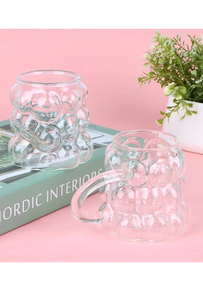 2 Adet Üzüm Kabartmalı Kulplu Borasilikat Isıya Dayanıklı Cam Kupa Kahve Kokteyl Sunum Bardağı 300ML - 5