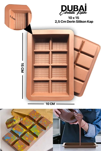 8 Bölmeli Silikon Dubai Çikolatası Kalıbı Çikolata Kalıbı BPA Free 15x10 cm XL Boy