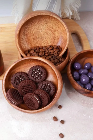 6 Adet Yuvarlak Bambu Kase Çerezlik Servis Sunum Seti Doğal Bambu Çerezlik - 2