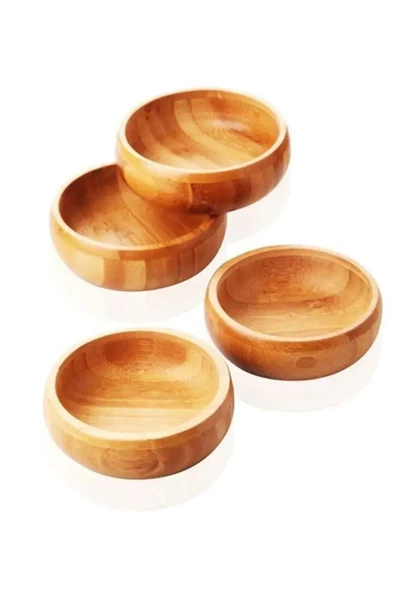 6 Adet Yuvarlak Bambu Kase Çerezlik Servis Sunum Seti Doğal Bambu Çerezlik - 3