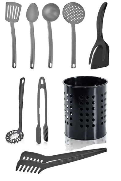 Pratik 9'lu Yanmaz Yapışmaz Teflon Servis Set 220 Derece Dayanıklı Maşa Spatula Kaşık Kevgir Çırpıcı ürün görseli 1