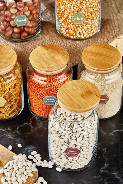6 Adet Büyük Boy Bambu Kapaklı Cam Kavanoz Vakumlu Bakliyat Saklama Kabı 800CC I Etiket Hediyeli - 2