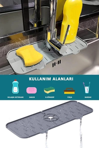 Silikon Su Tutucu Musluk Matı Evye Matı Kaymaz Taban Su Tutucu Tezgah Üstü Mat 37CM - 2