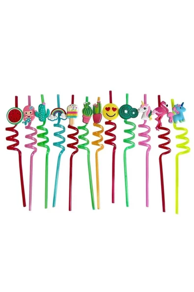 12 Adet Sevimli Emojili Plastik Pipet Kıvrımlı Renkli Emojili Kokteyl Pipet +1 Temizleme Fırçası - Resim 5