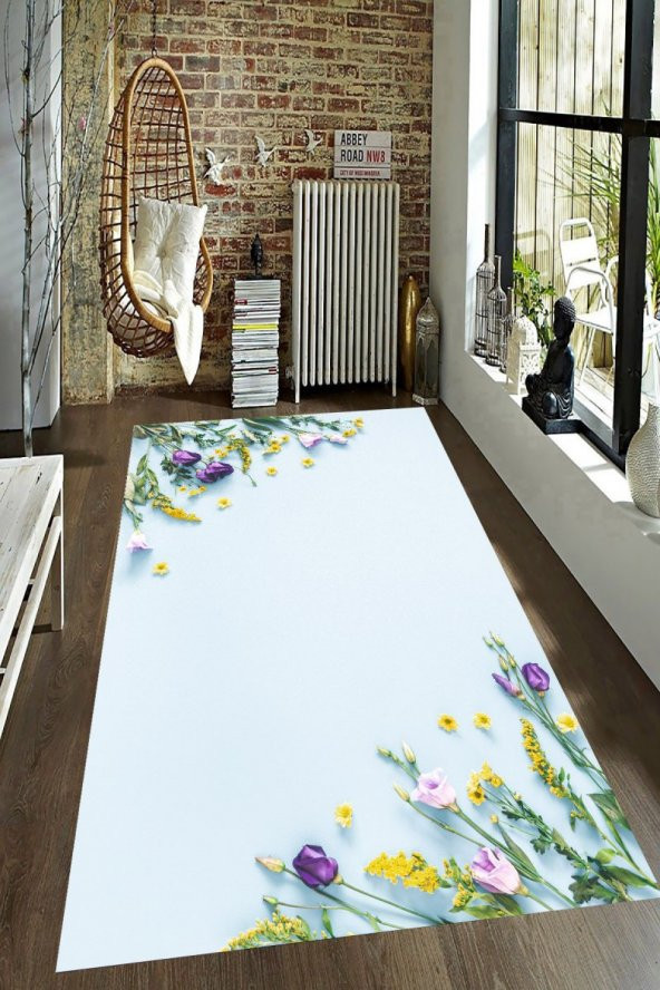 Soft Çiçek Çerçevesi Desenli Kaymaz Taban Yıkanabilir Dijital Baskı Salon Halısı