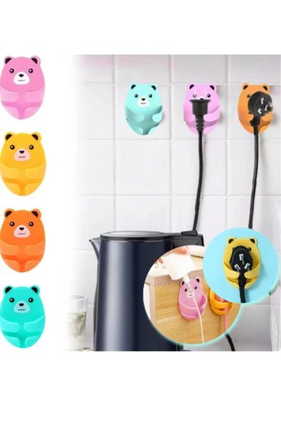 4 Adet Yapışkanlı Ayı Model Emoji Şekilli Kablo Fiş Tutucu Askısı Kablo Düzenleyici Sabitleyici - Resim 2