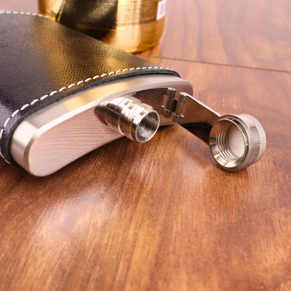 Perlotus 8 Oz 235 cc Hunili Siyah Hakiki Deri Kılıflı Çelik Viski İçki Matarası - 5