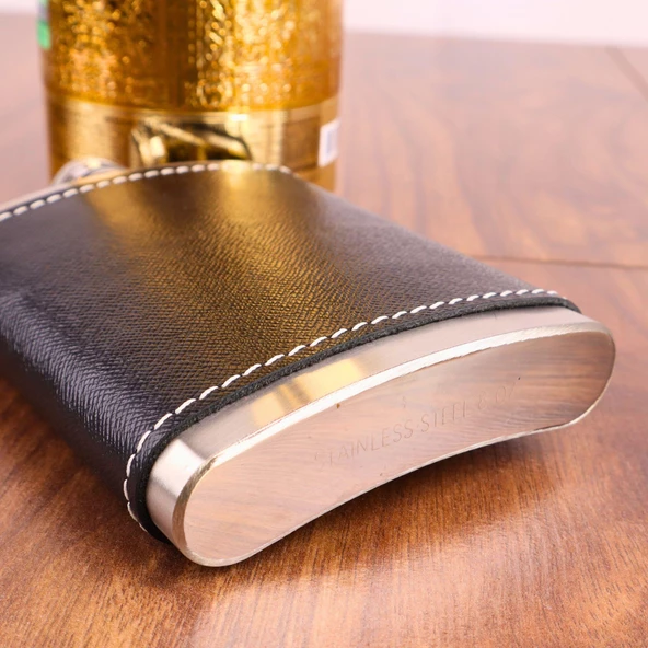 Perlotus 8 Oz 235 cc Hunili Siyah Hakiki Deri Kılıflı Çelik Viski İçki Matarası - 6