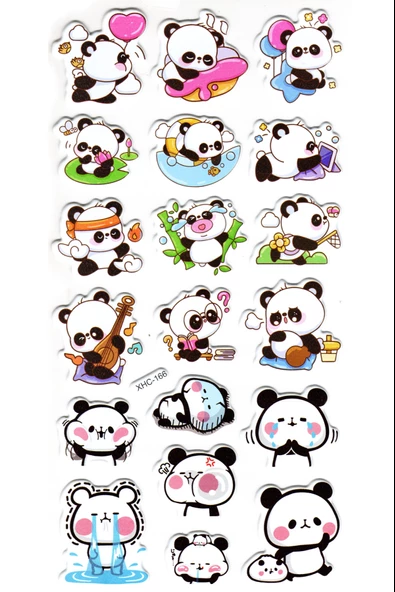 Sticker Kabartmalı Stiker Çıkartma Etiket (XHC166)-18x9 cm- Sevimli Emoji Panda