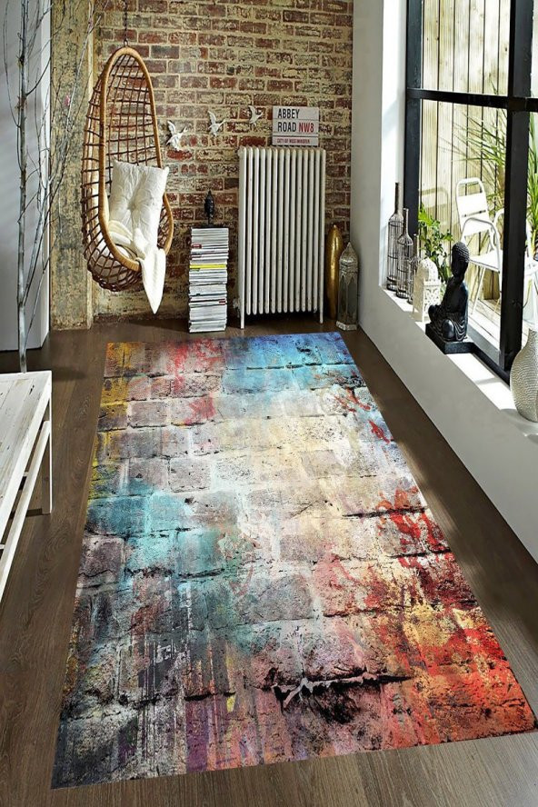 Eskitme Tuğla Desenli Kaymaz Taban Yıkanabilir Dijital Baskı Salon Halısı - 1