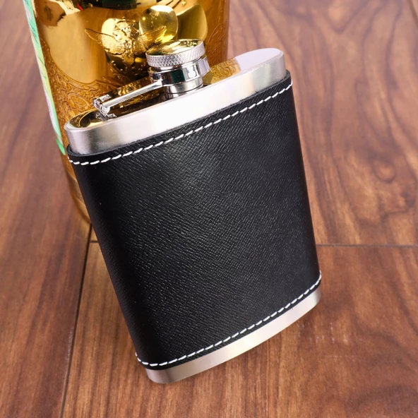 Perlotus 8 Oz 235 cc Hunili Siyah Hakiki Deri Kılıflı Çelik Viski İçki Matarası - 7