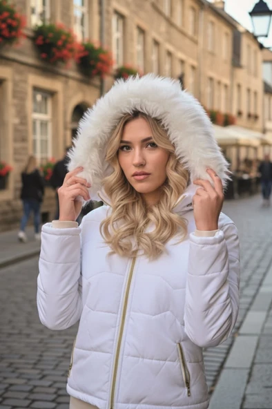 Kürklü Kapüşonlu Kadın Kısa Şişme Mont - Resim 3