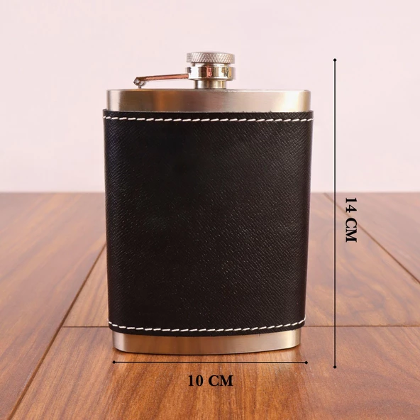 Perlotus 8 Oz 235 cc Hunili Siyah Hakiki Deri Kılıflı Çelik Viski İçki Matarası - 2