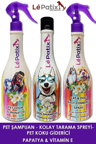 Le Patix 3'lü Set - Köpek Şampuanı, Koku Giderici Sprey ve Kıtık Açıcı Kolay Tarama Spreyi 400 Ml