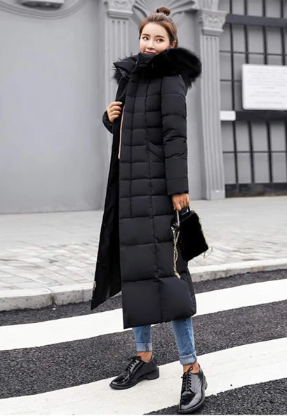 Kışlık Tam Boy Kürklü Kapüşonlu Kadın Şişme Mont - Resim 3