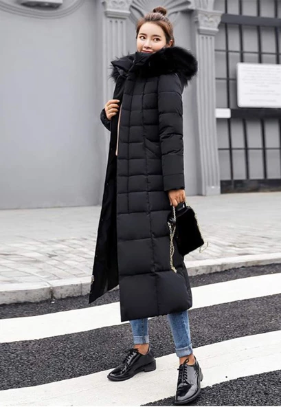 Kışlık Tam Boy Kürklü Kapüşonlu Kadın Şişme Mont - 3