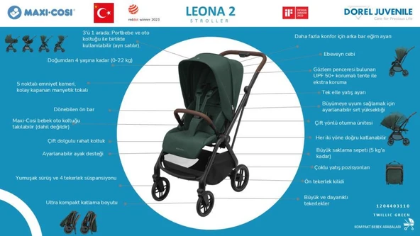 Maxi-Cosi Leona2 Çift Yönlü Uzatılabilir Sırt Desteği Tam Yatabilir Bebek Arabası Twillic Green - 3