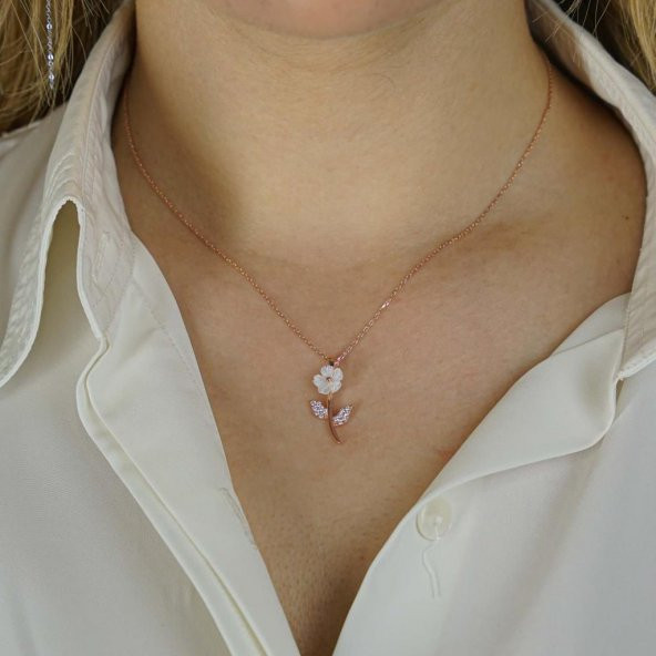 Özel Tasarım Sedef Çiçek Gümüş Kolye Rose - Resim 2