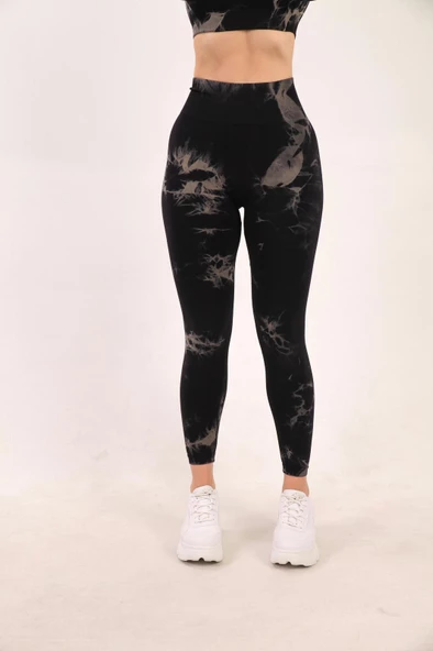 Kadın Yüksek Bel Batik Desenli Toparlayıcı Fitness Tayt 16160 0031-25 - 4
