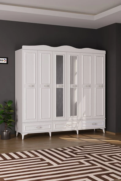 Evdemo Luna 6 Kapaklı 3 Çekmeceli Aynalı Gardırop Beyaz - 2