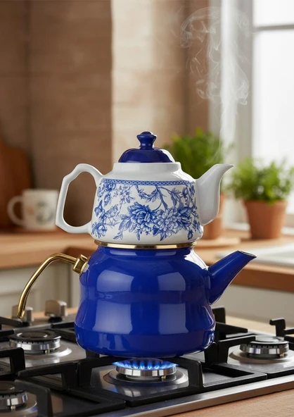 Alev Emaye Porselen Çaydanlık Takımı - Emaye Kettle Porselen Demlik - 3.5 Litre - 6