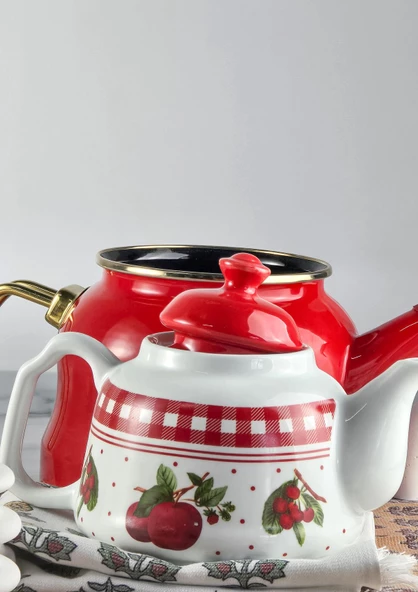 Alev Emaye Porselen Çaydanlık Takımı - Emaye Kettle Porselen Demlik - 3.5 Litre - 2