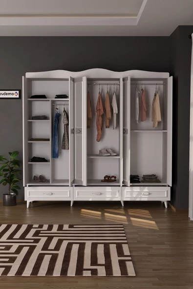 Evdemo Luna 6 Kapaklı 3 Çekmeceli Aynalı Gardırop Beyaz - 3