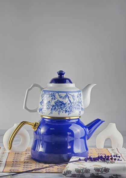 Alev Emaye Porselen Çaydanlık Takımı - Emaye Kettle Porselen Demlik - 3.5 Litre - 6