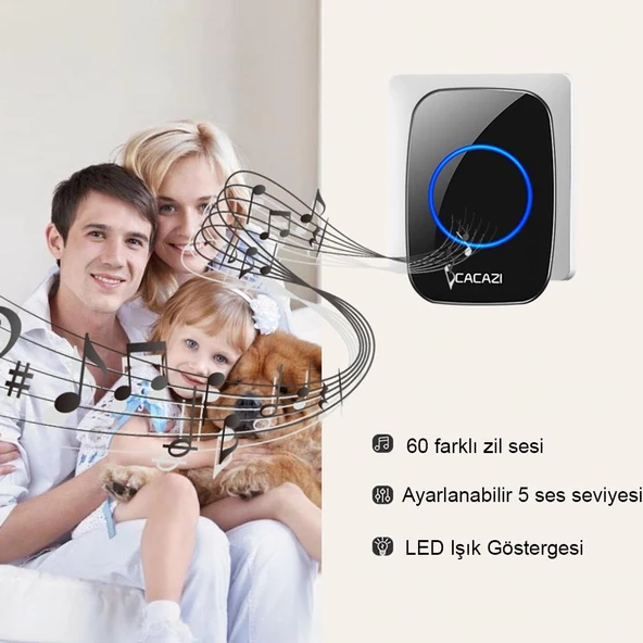 Kablosuz Uzaktan Kumandalı Tekli Buton LED Kapı Zili Melodili - 3