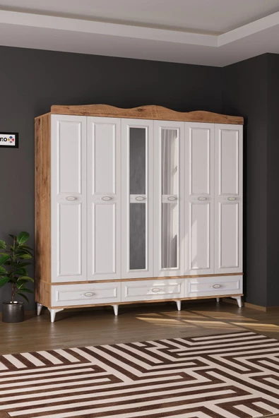 Evdemo Luna 6 Kapaklı 3 Çekmeceli Aynalı Gardırop Atlantik Çam - 2