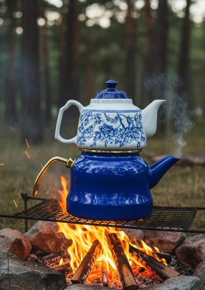 Alev Emaye Porselen Çaydanlık Takımı - Emaye Kettle Porselen Demlik - 3.5 Litre - 7