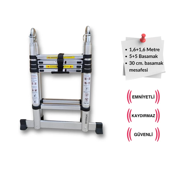 Endokon 160 + 160 cm. - 5+5 Basamaklı Teleskopik Merdiven - A Tipi Uzayan Merdiven