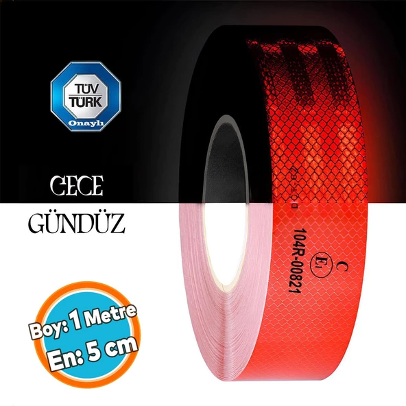 Tüvtürk Onaylı Bant Belgeli Reflektörlü Reflektif Fosforlu Şerit Bant İkaz BandıKırmızı 1 Metre 5 cm