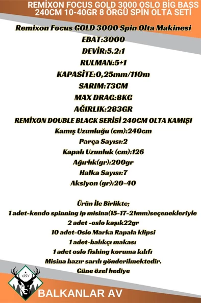 Oslo Big Bass 240cm 10-40gr Remixon Focus GOLD 3000 8 Örgü Spin Olta Seti - Resim 2