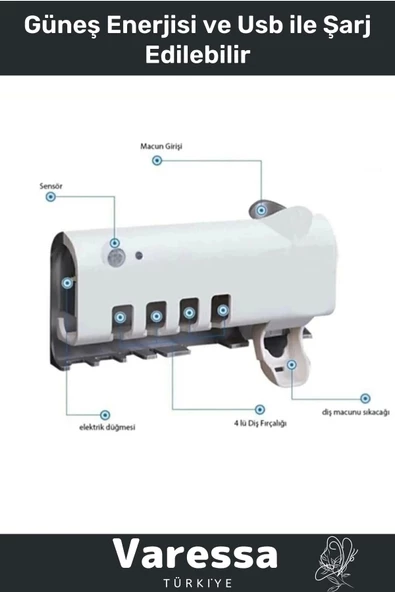 Özel Seri Usb Şarjlı Güneş Enerjili Otomatik Diş Macun Sıkacağı Tutucusu Sterilizatörlü 4 Adet - 3