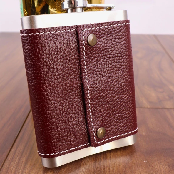 Perlotus 8 Oz 235 cc Hunili Kızıl Kahverengi Hakiki Deri Kılıflı Çelik Viski İçki Matarası - 4